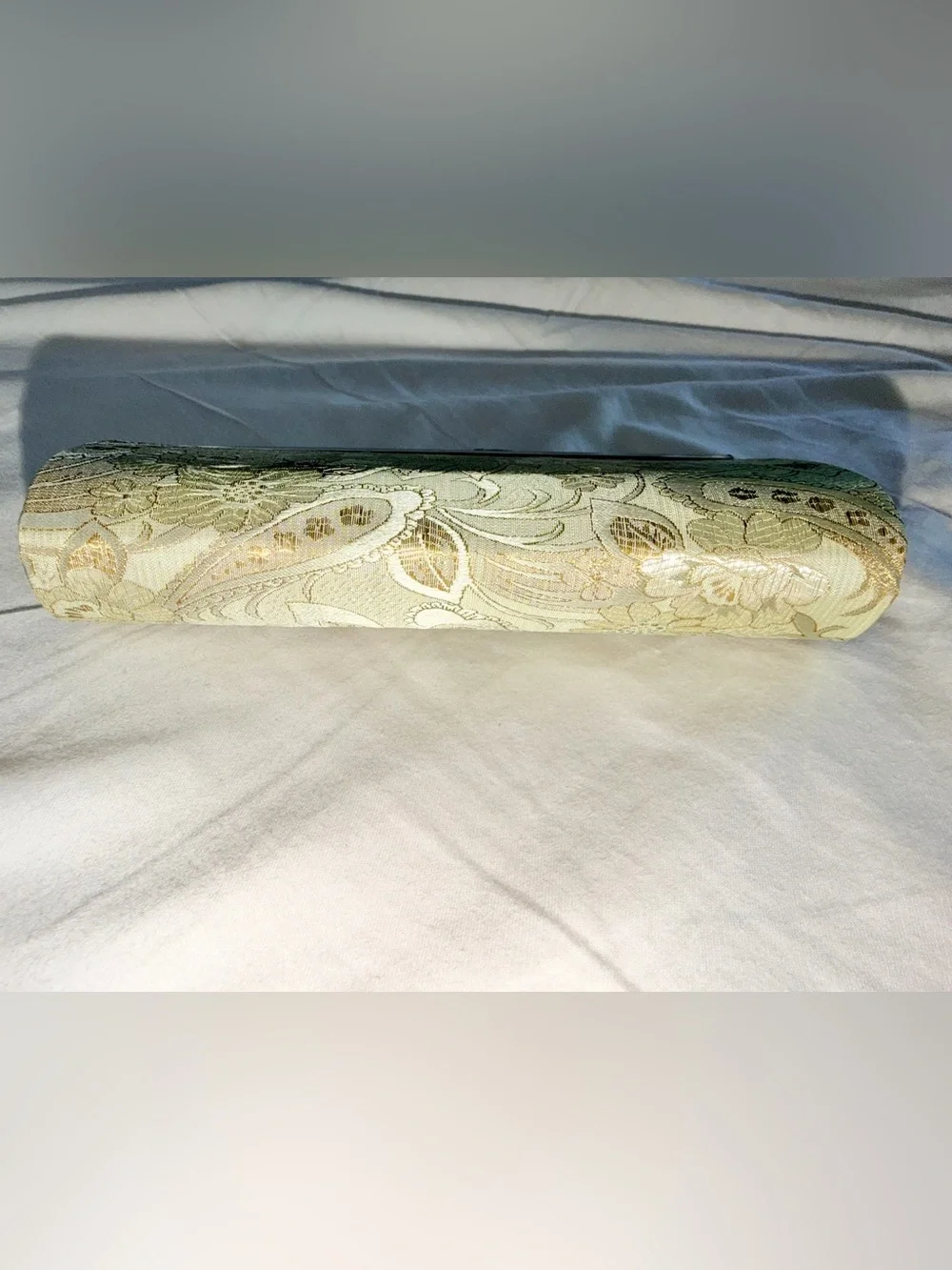 Viintage-style evening clutch features gold/green floral damask metal kiss lock